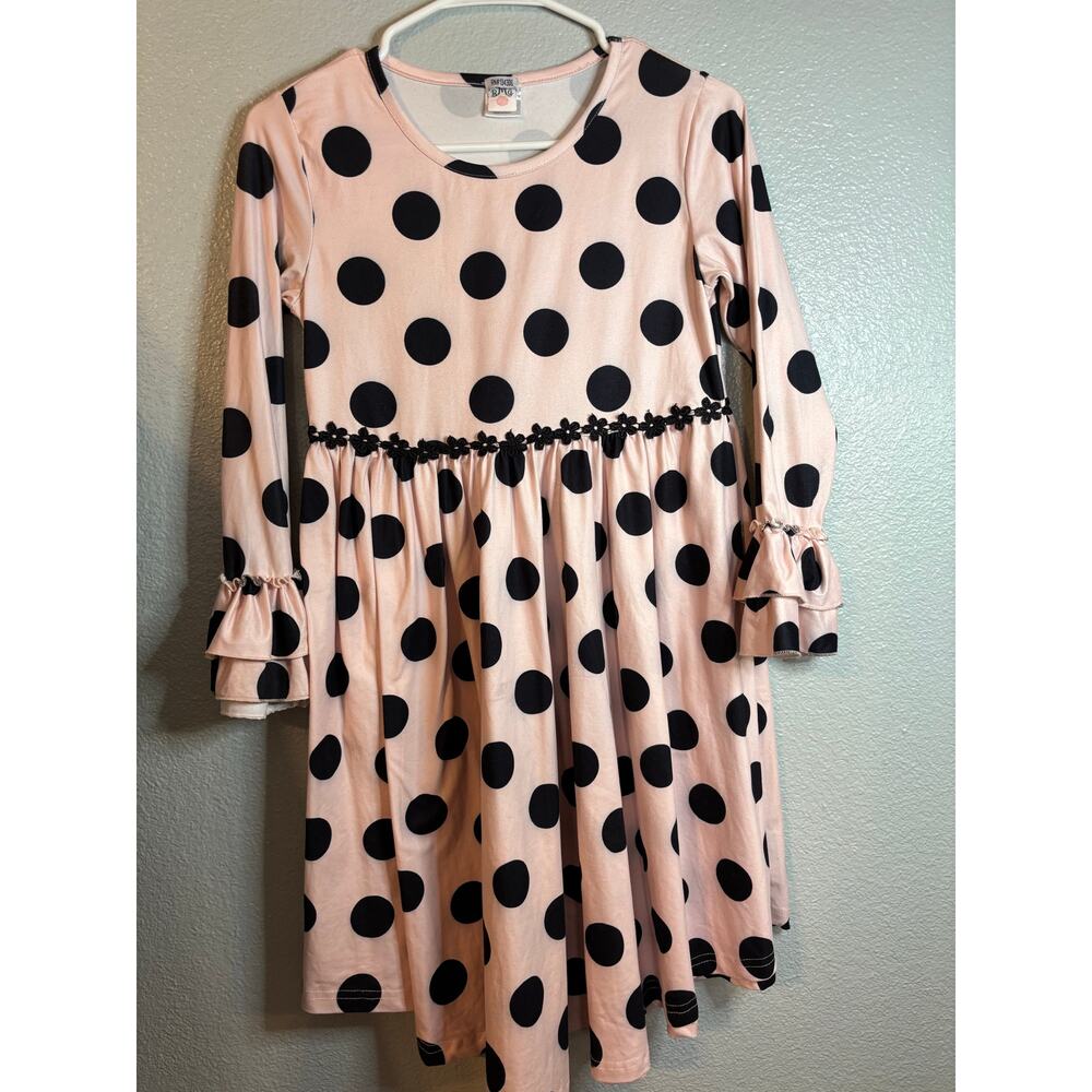 BMG Pink & Black Polka Dot Ruffle Long Sleeve Girls Dress Size 10
